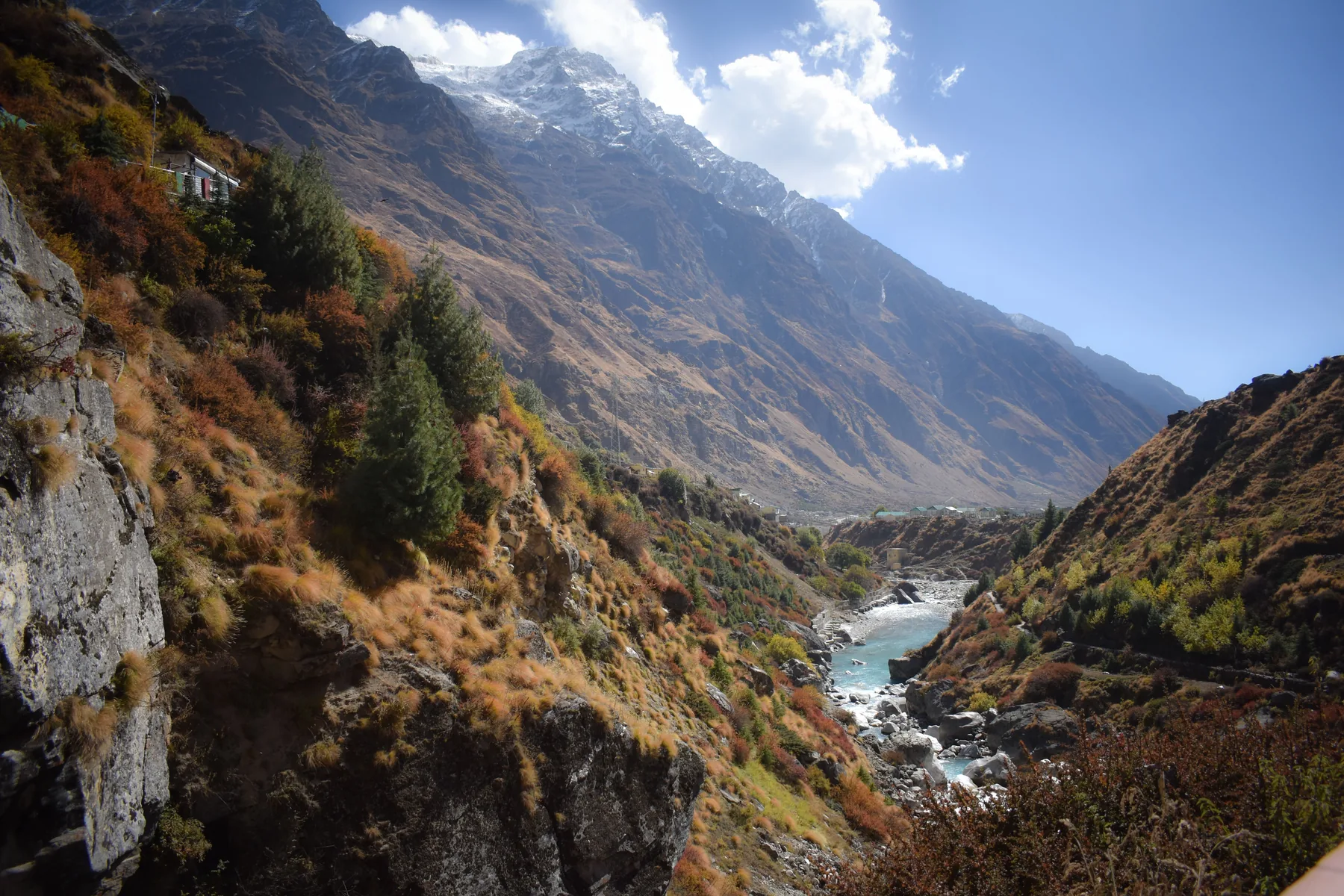 Himalayan mountains with a winding river in Uttarakhand